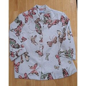 Alfred Dunner Womens Collared Quilted Jacket Coat Sz 18P Butterfly Boho Cottage